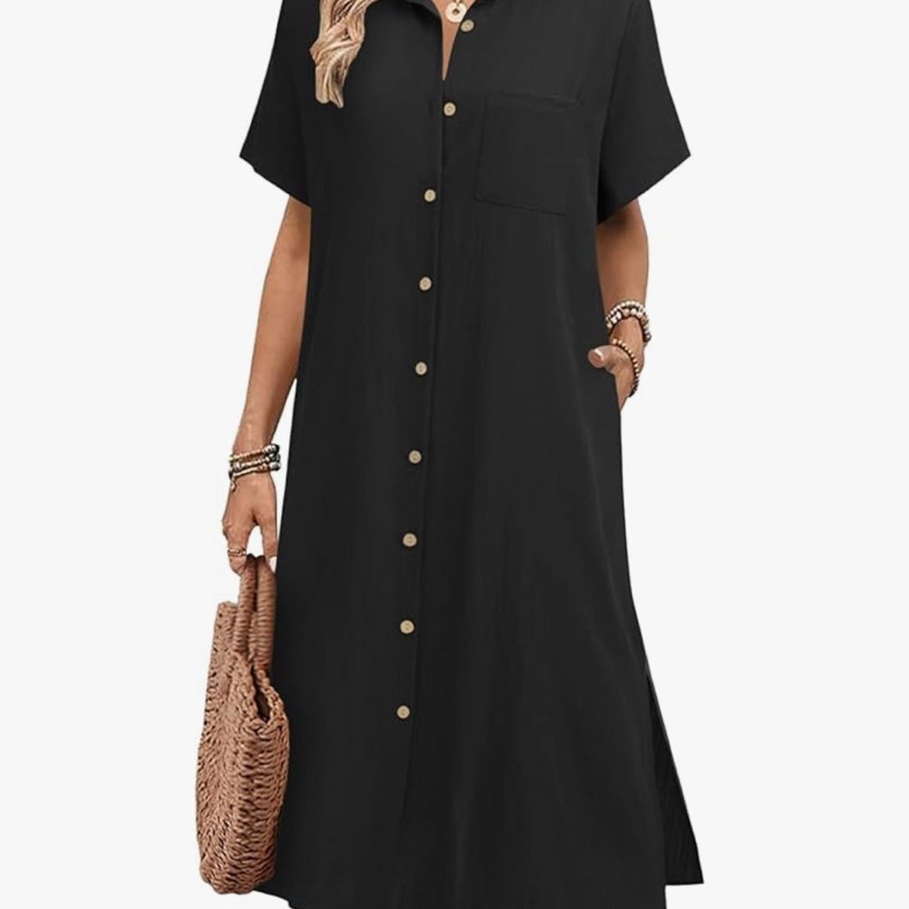 Black Button-Down Midi Dress-Size M